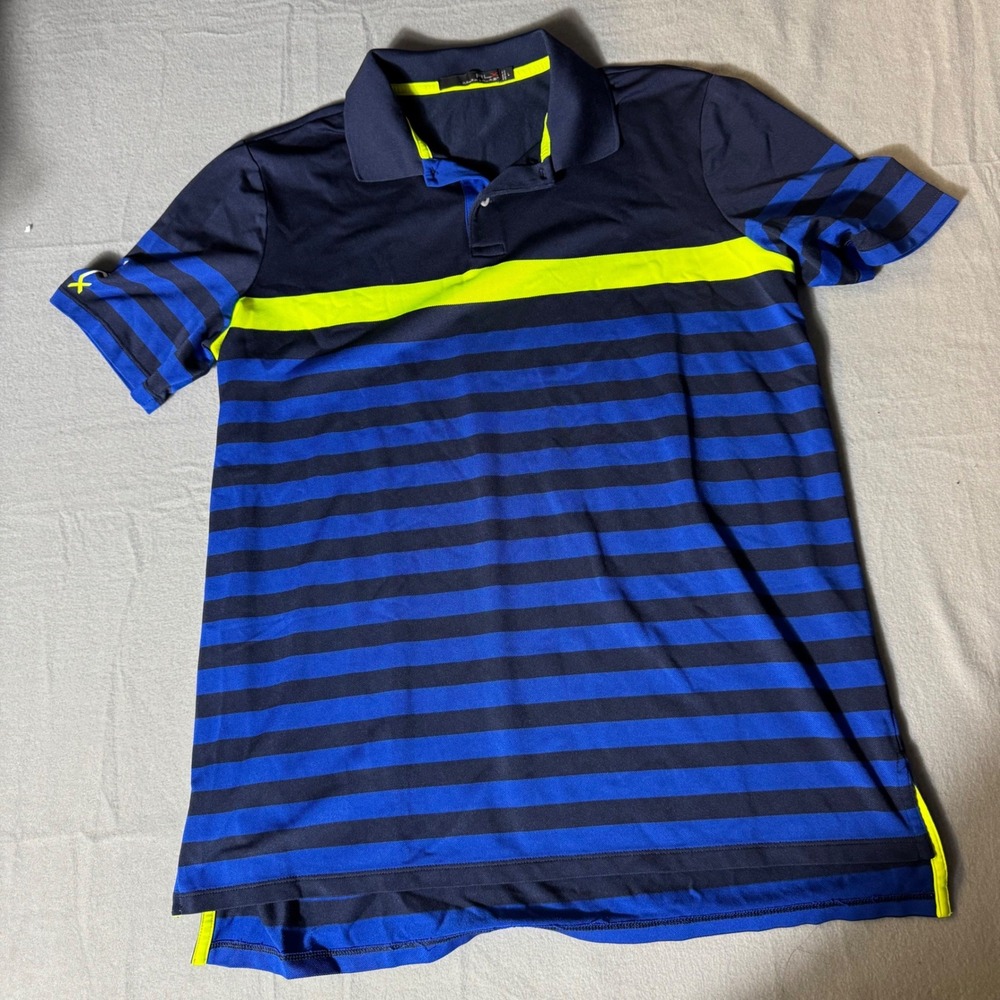 RLX Ralph Lauren Mens Blue Striped Performance Golf Polo Shirt Neon Yellow Large